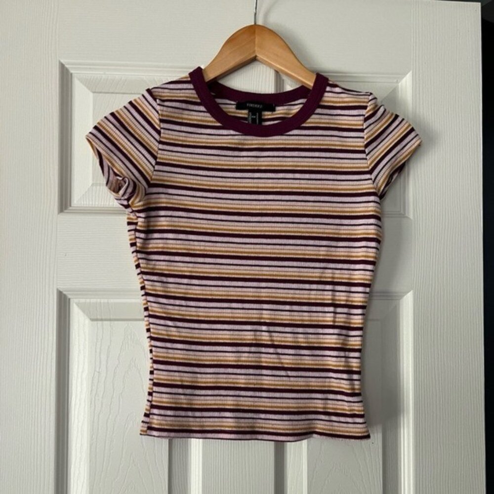 Forever 21 Ribbed Striped Baby Tee Burgundy Mustard Short Sleeve Top Size Small
